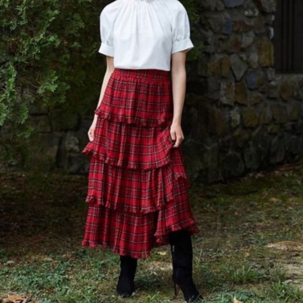 ANTONIO MELANI Red Plaid Maxi Skirt